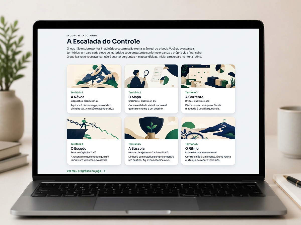 Notebook exibindo o sistema A Escalada do Controle com os seis territórios